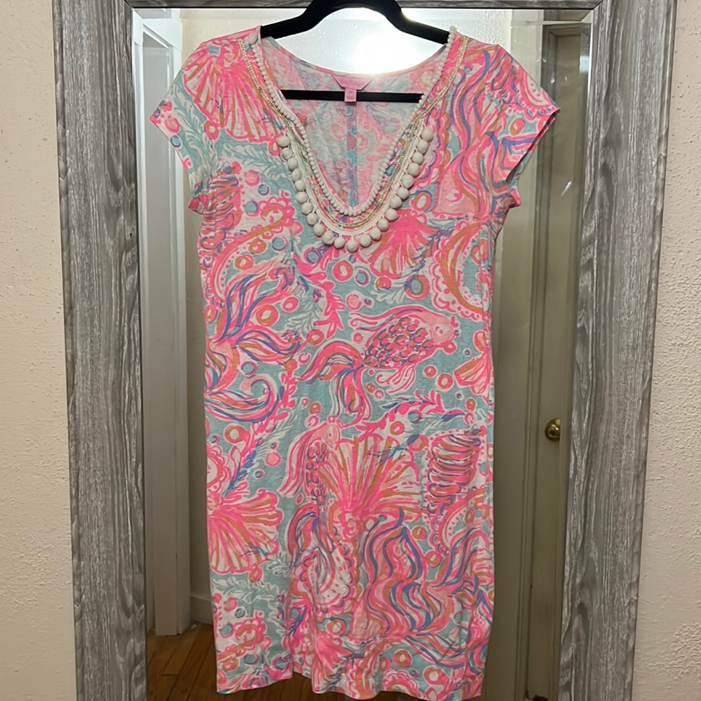 Lily Pulitzer multicolor t shirt dress with Pom Pom detail